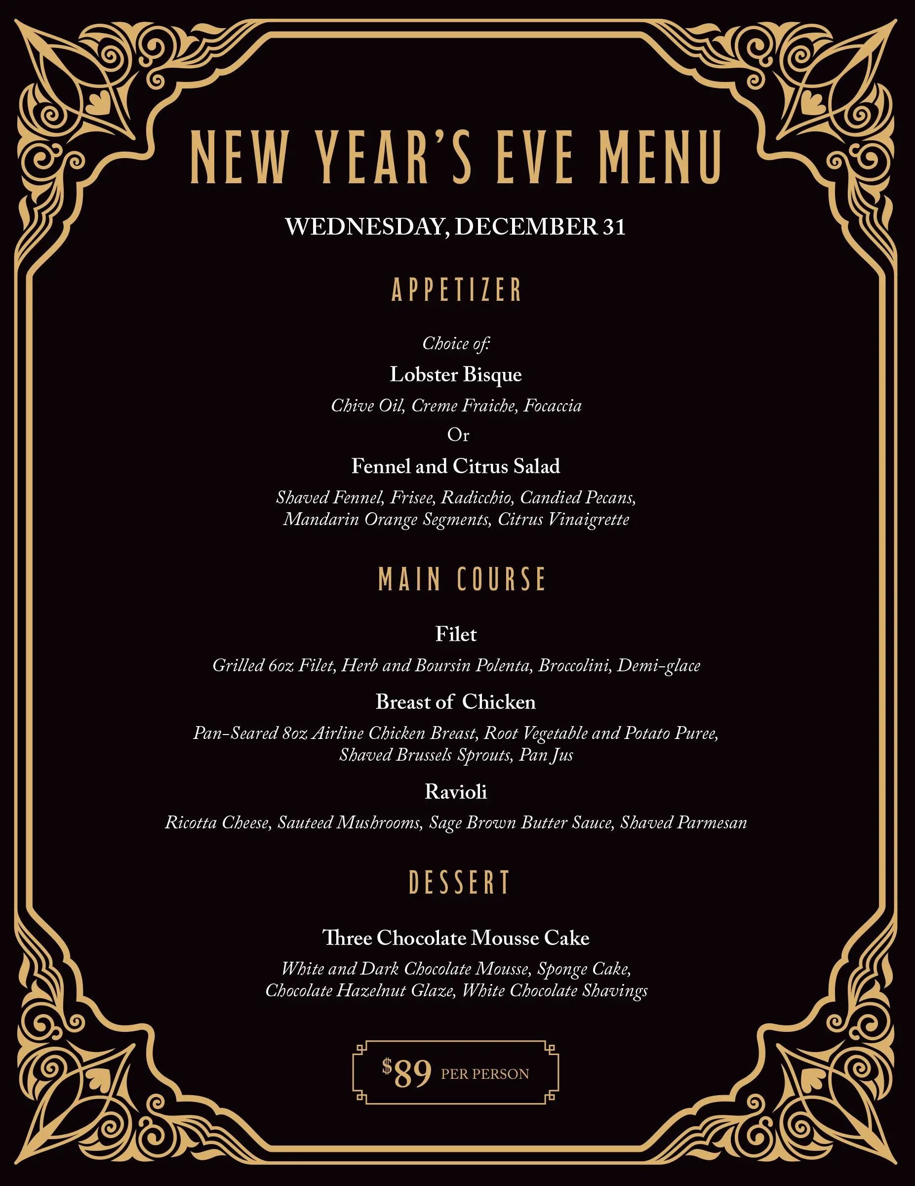 Pala Mesa NYE Menu